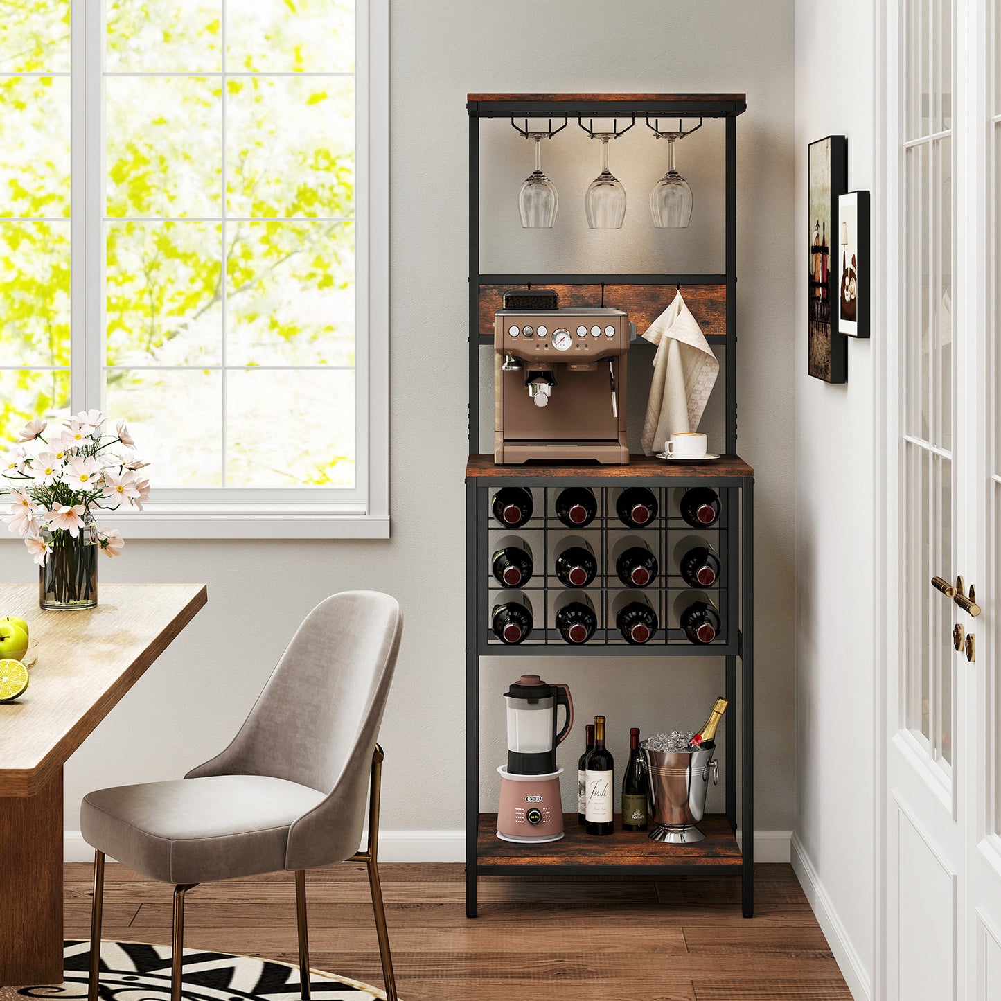 Freestanding Wine Rack Bar Cabinet with Wine Bottle Holders-Rustic Brown