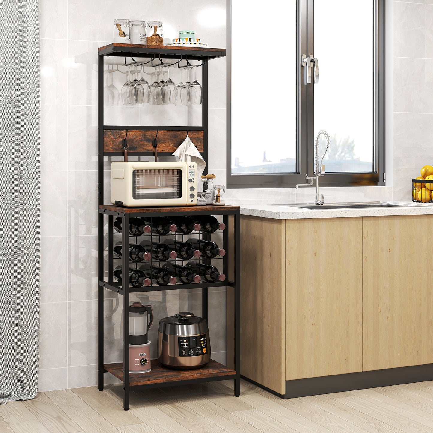 Freestanding Wine Rack Bar Cabinet with Wine Bottle Holders-Rustic Brown