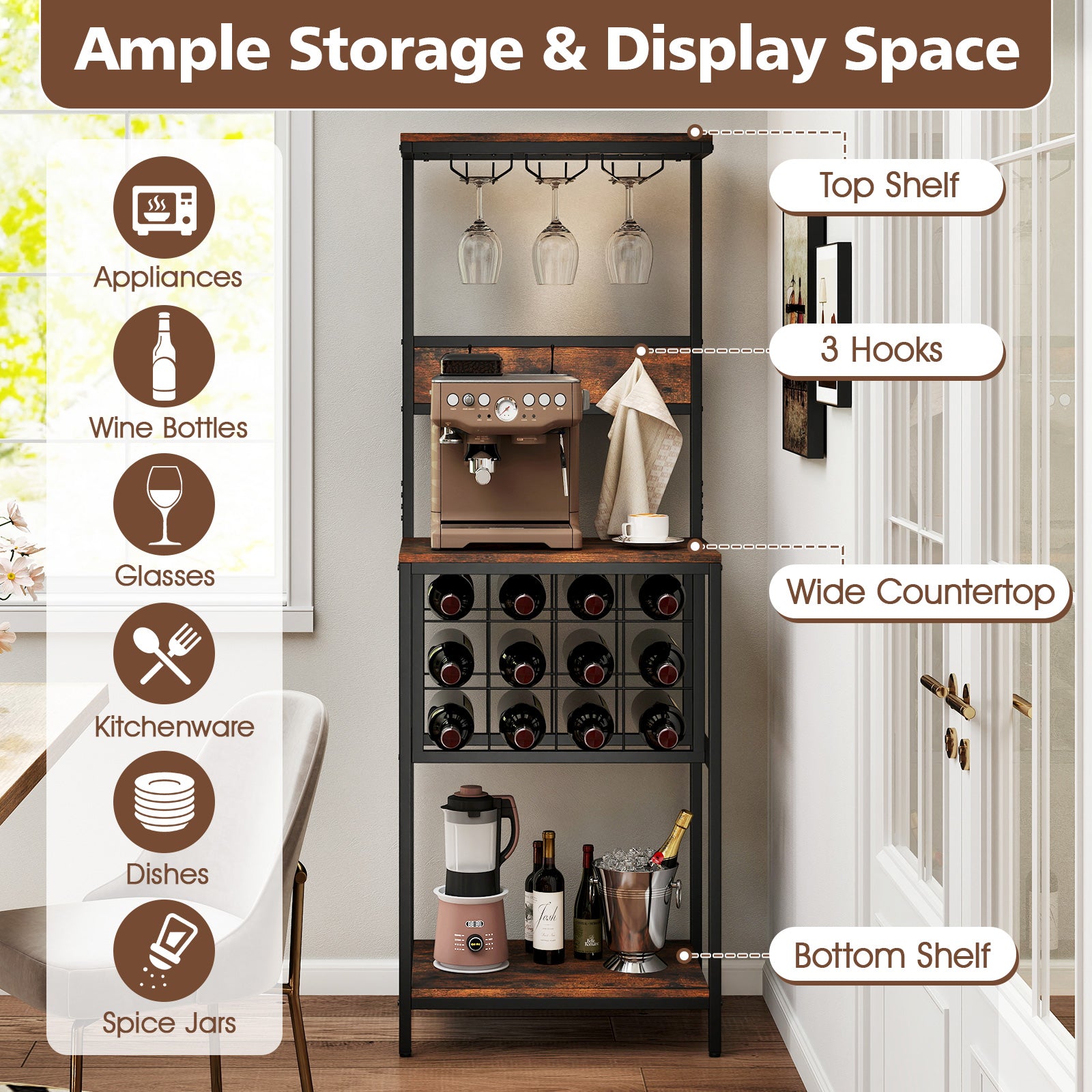 Freestanding Wine Rack Bar Cabinet with Wine Bottle Holders-Rustic Brown