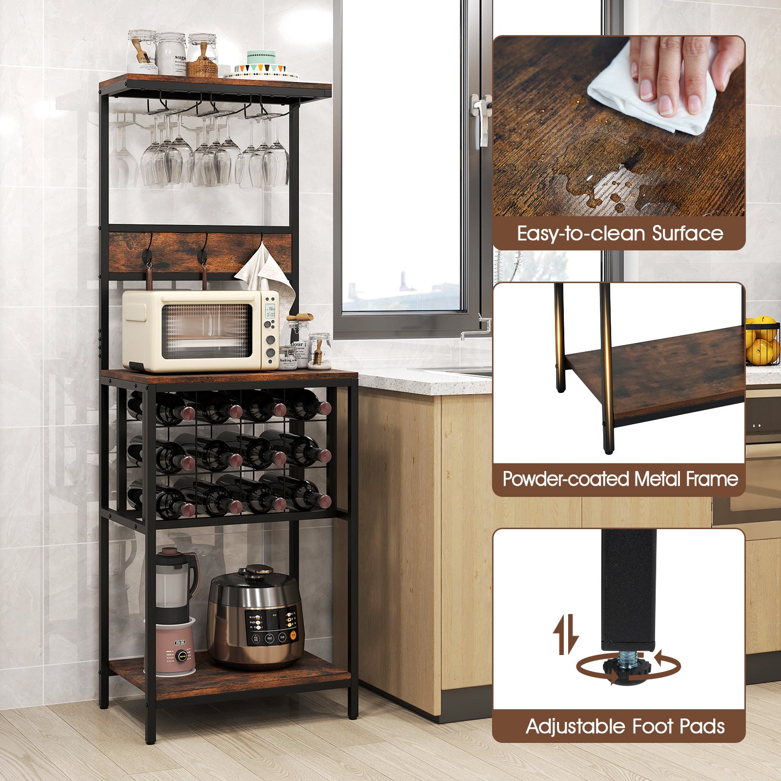 Freestanding Wine Rack Bar Cabinet with Wine Bottle Holders-Rustic Brown