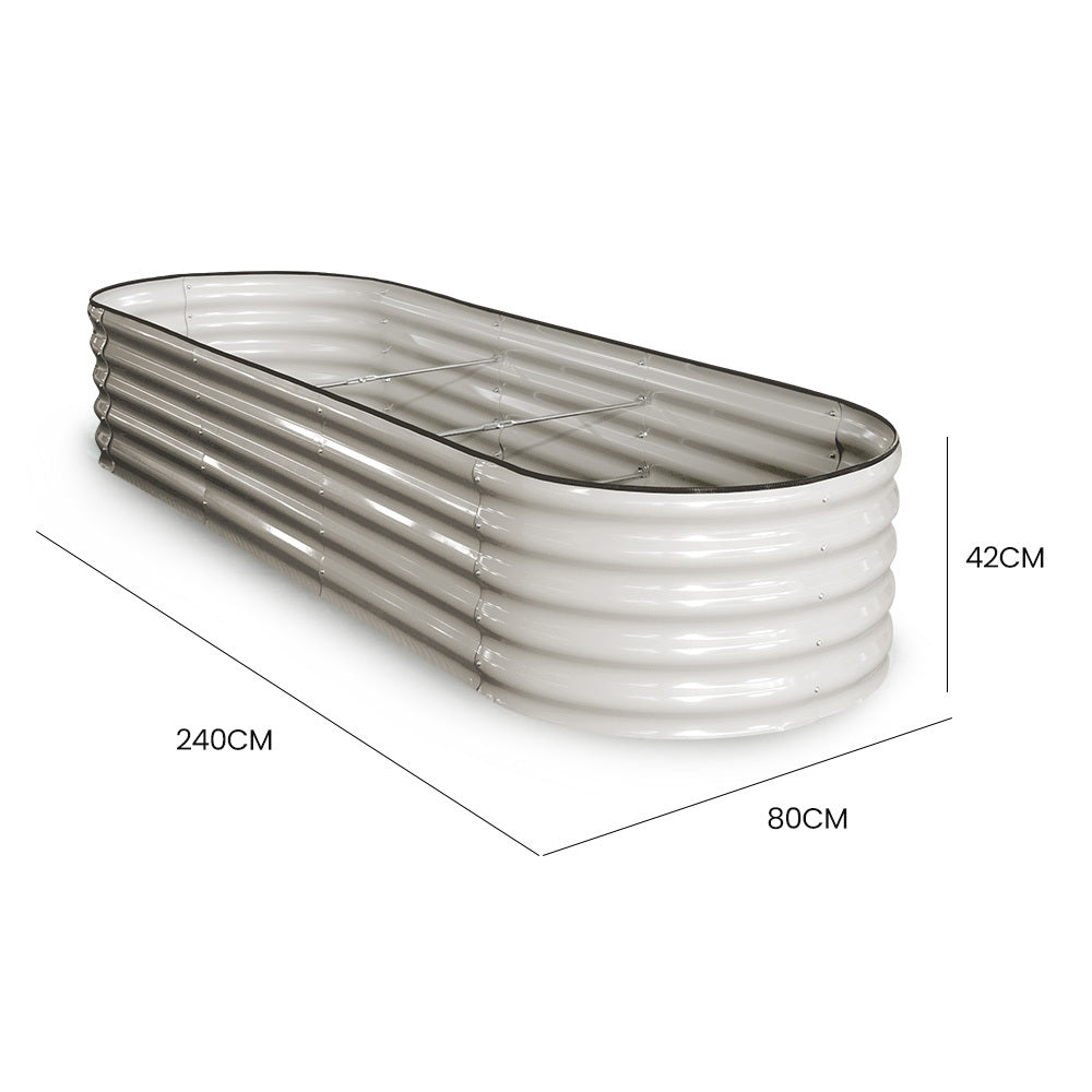 Oval Raised Garden Bed 2.4 x 0.8m, Corrugated Metal, Light Grey