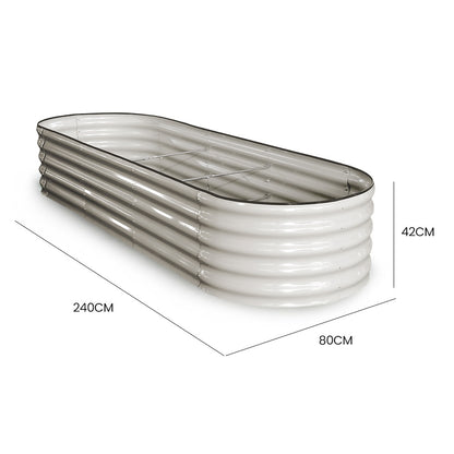 Oval Raised Garden Bed 2.4 x 0.8m, Corrugated Metal, Light Grey