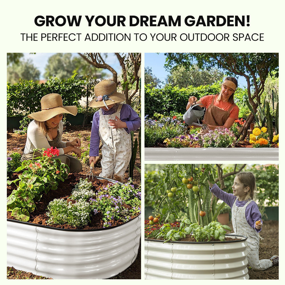 Oval Raised Garden Bed 2.4 x 0.8m, Corrugated Metal, Light Grey