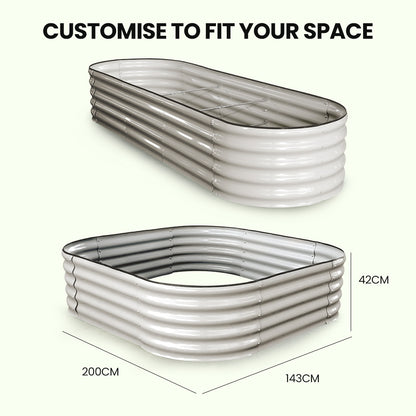 Oval Raised Garden Bed 2.4 x 0.8m, Corrugated Metal, Light Grey