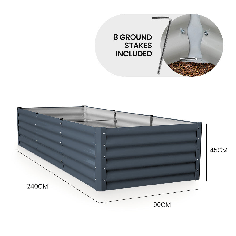 Rectangular 2.4 x 0.9m Corrugated Metal Raised Garden Bed with Ground Stakes