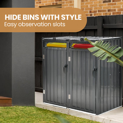 Steel Bin Storage Shed with Dual Doors for Two 240L Bins, Weatherproof Design