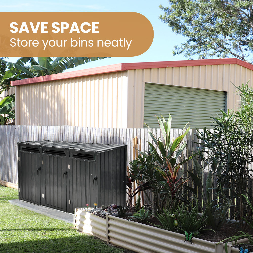 Triple Steel Wheelie Bin Storage Shed with 3 Doors - Fits 240L Bins (1.2m)