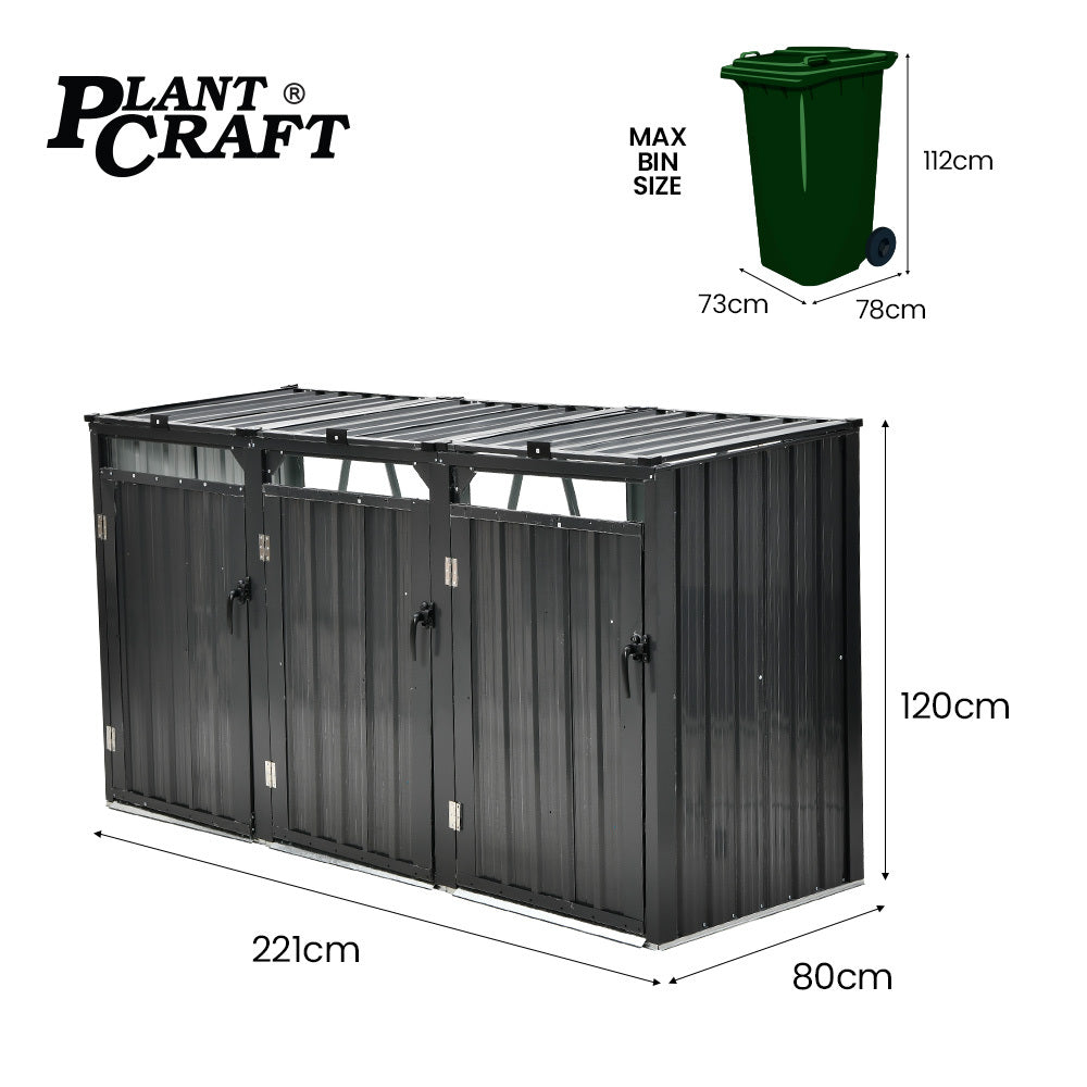 Triple Steel Wheelie Bin Storage Shed with 3 Doors - Fits 240L Bins (1.2m)