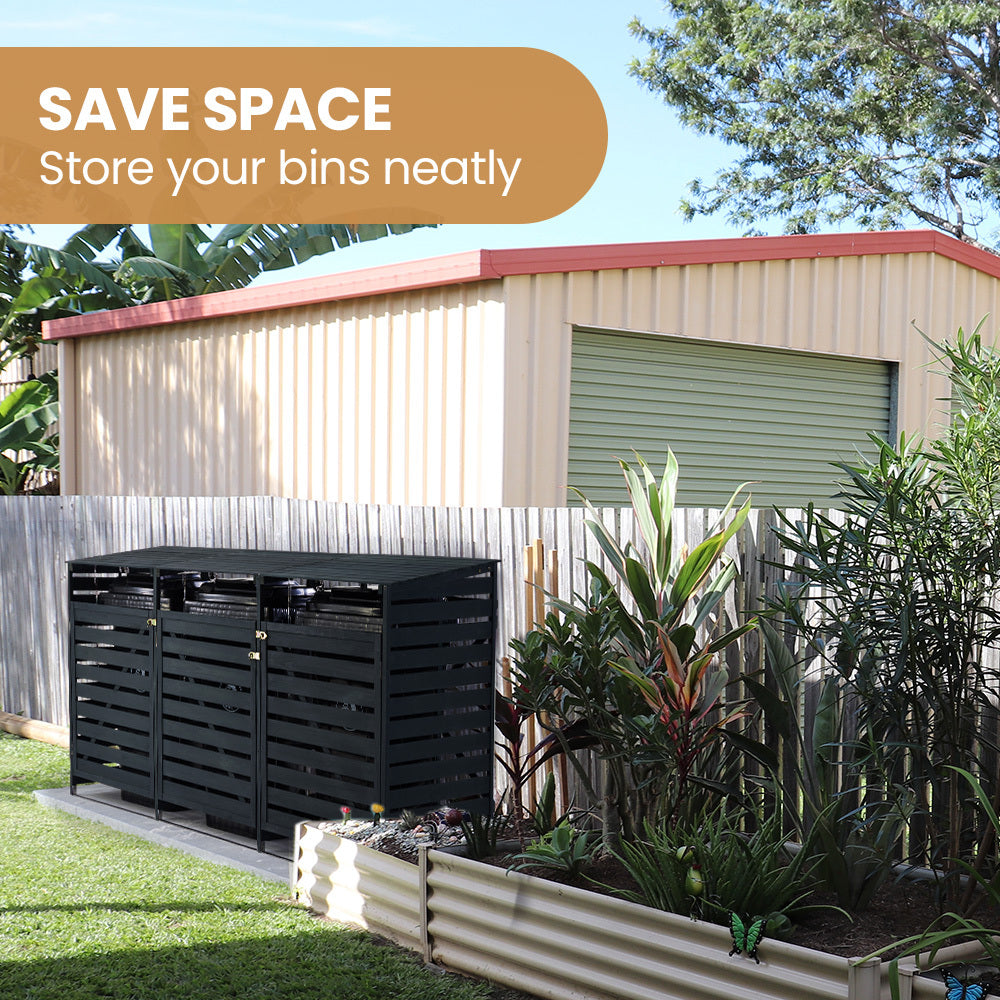 Triple Wood Bin Shed with Auto-Opening Design for Three 240L Wheelie Bins