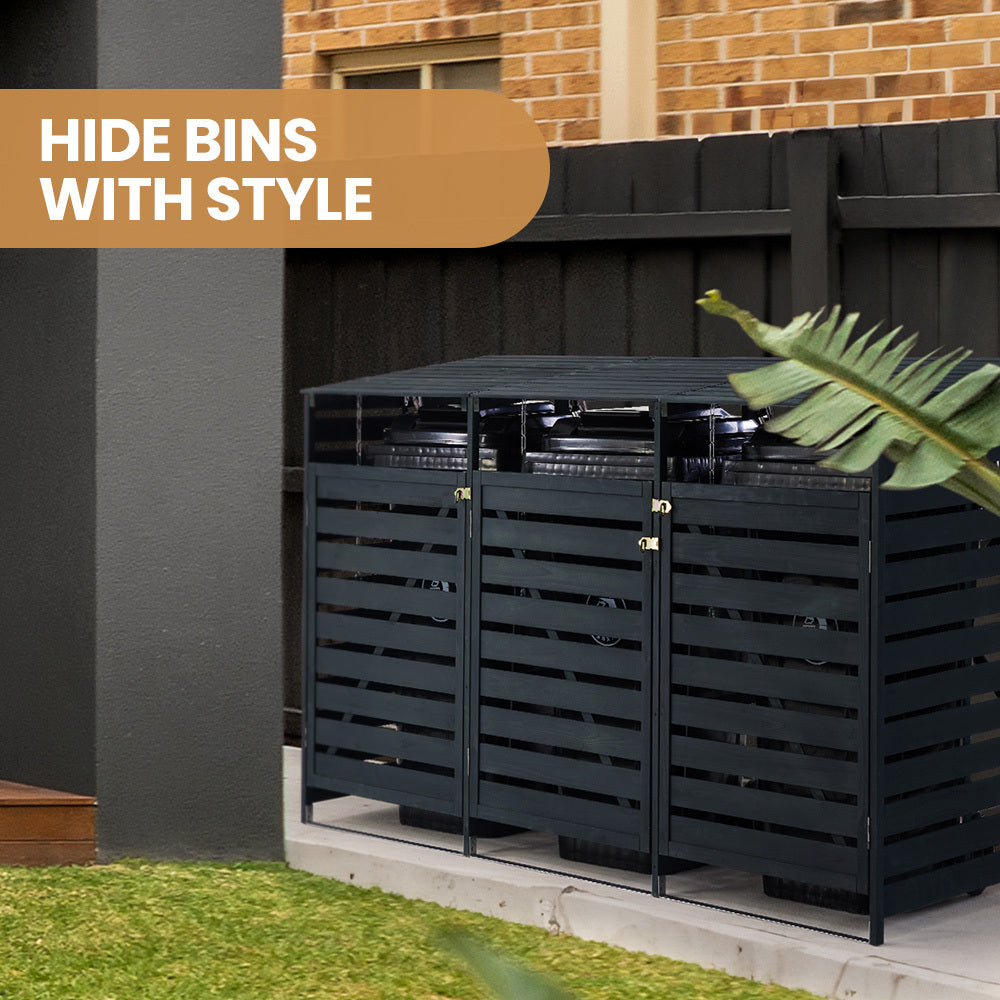 Triple Wood Bin Shed with Auto-Opening Design for Three 240L Wheelie Bins