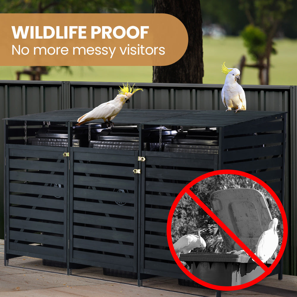 Triple Wood Bin Shed with Auto-Opening Design for Three 240L Wheelie Bins