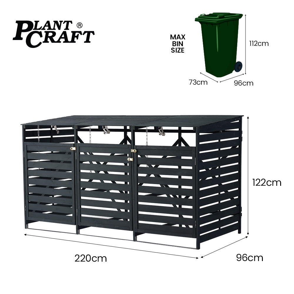 Triple Wood Bin Shed with Auto-Opening Design for Three 240L Wheelie Bins