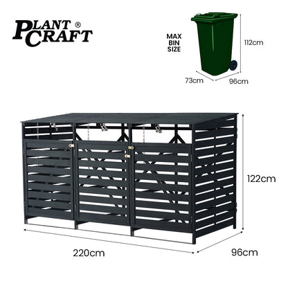 Triple Wood Bin Shed with Auto-Opening Design for Three 240L Wheelie Bins