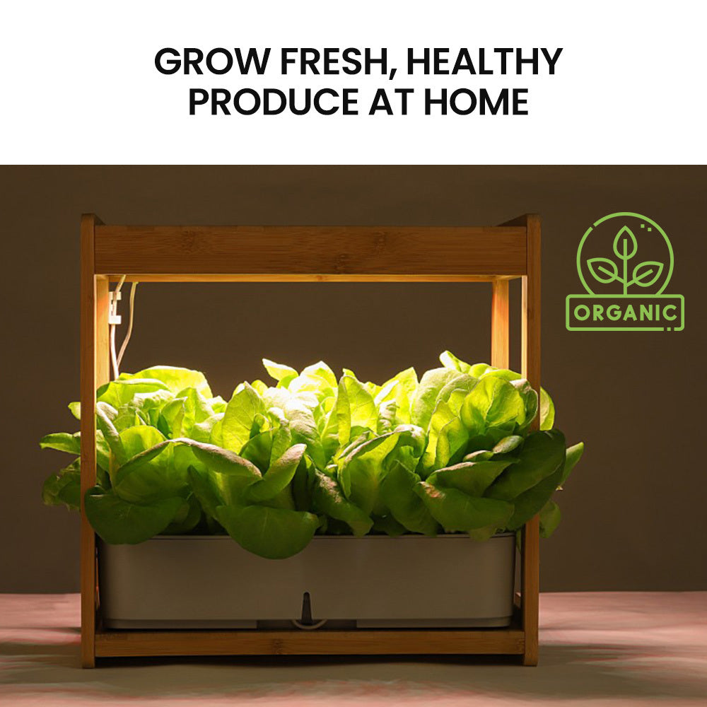 12 Pod Hydroponic Indoor Garden System with Bamboo Frame & LED Lights