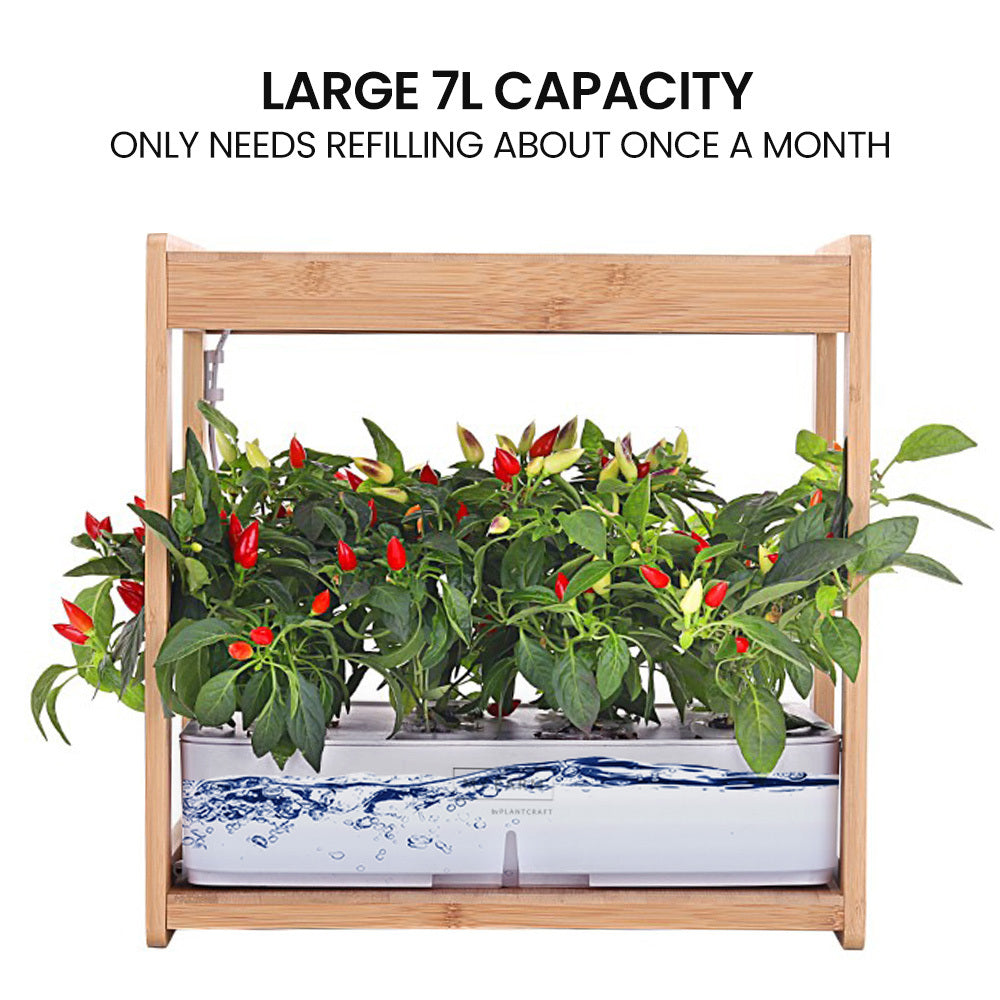 12 Pod Hydroponic Indoor Garden System with Bamboo Frame & LED Lights