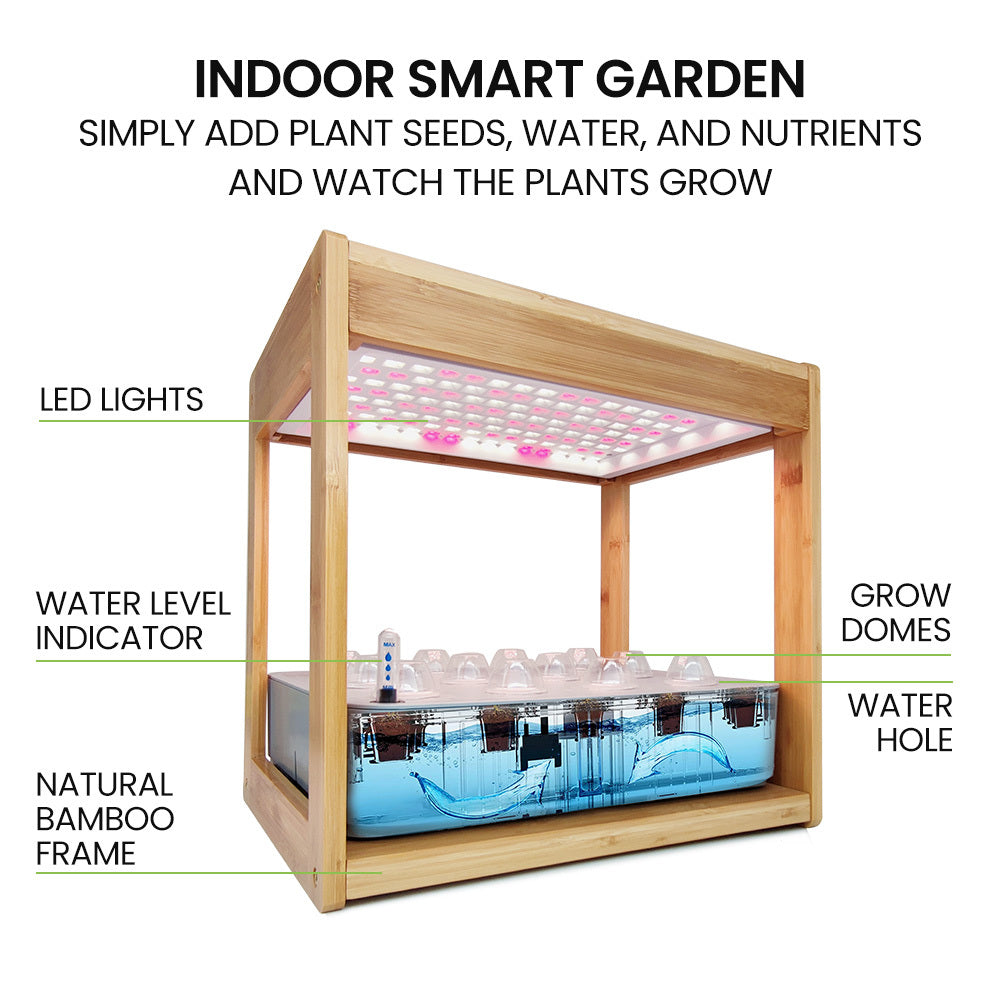 12 Pod Hydroponic Indoor Garden System with Bamboo Frame & LED Lights