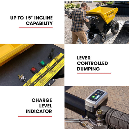 300kg / 110L Electric Wheelbarrow, Motorised Tipping Action, 48V 20Ah Battery Powered Mini Dumper