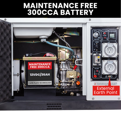 8.4kW Peak 6kW Rated Diesel Generator with RCD Safety Switch, 0.03m Steel Enclosure