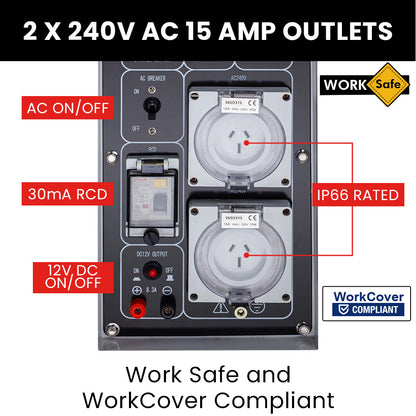 8.4kW Peak 6kW Rated Diesel Generator with RCD Safety Switch, 0.03m Steel Enclosure
