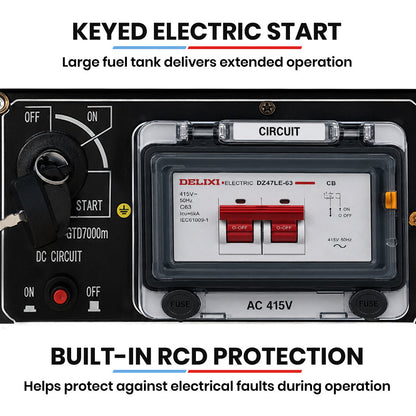 7kW Peak 5kW Rated Commercial Diesel Generator, Three Phase 415V, Electric Start, Sound-Insulated, RCD Safety Switch, Worksite & Backup Power