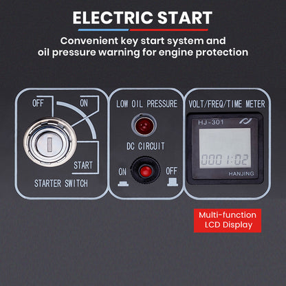 6.5kW Peak 5kW Rated Diesel Inverter Commercial Generator, Electric Key Start, 2 x 15A, RCD Safety Switch, Wheels, Worksite, Home Backup