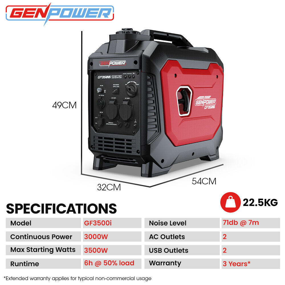 3.5kW Portable Inverter Generator, 22.5kg, 12V, USB, Quiet for Camping