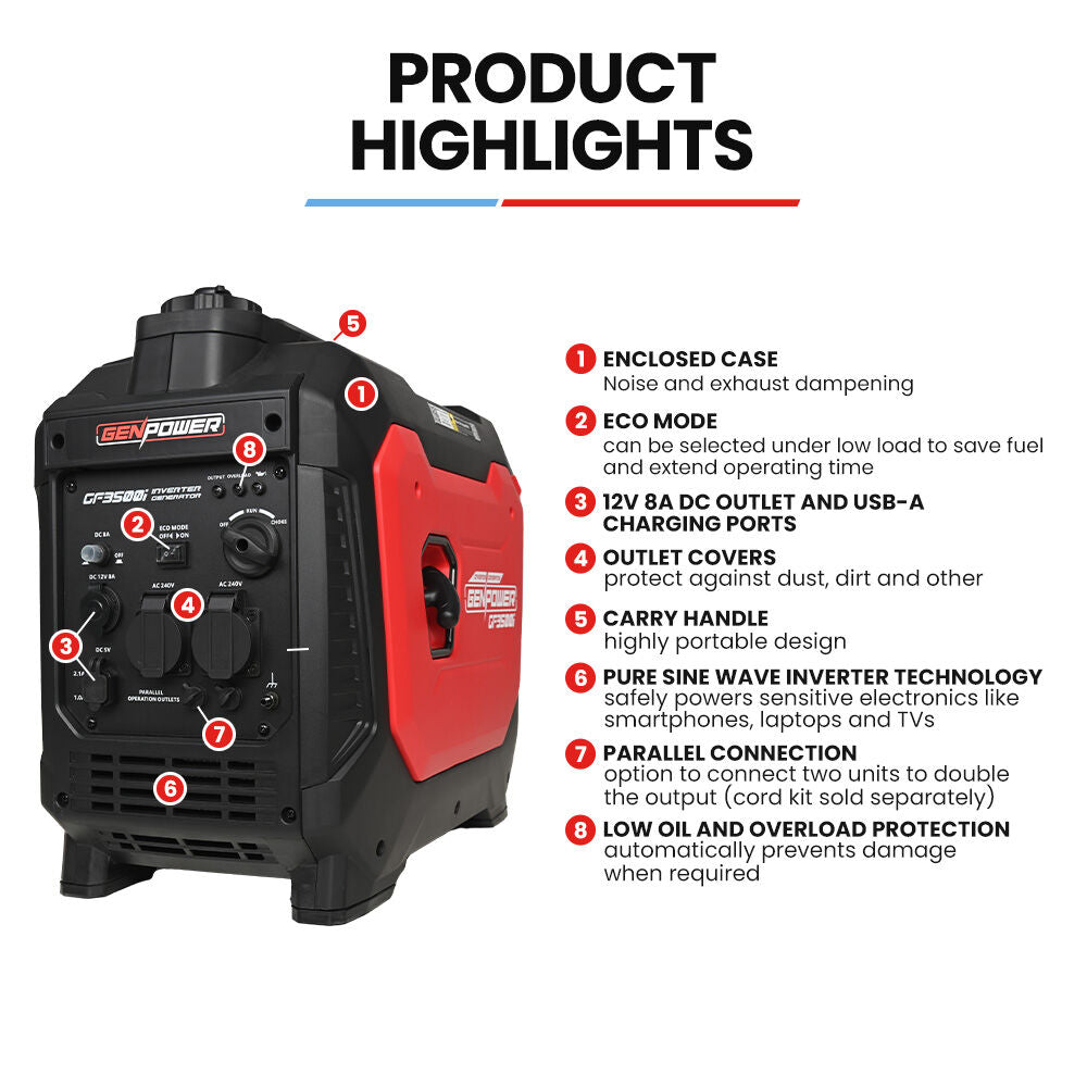 3.5kW Portable Inverter Generator, 22.5kg, 12V, USB, Quiet for Camping