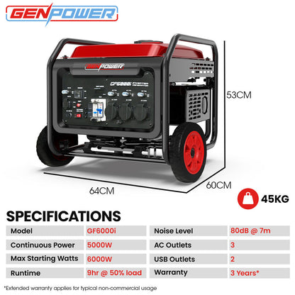 6kW Peak Inverter Generator, 15L Tank, Portable with Wheels, 45kg, RCD Safe