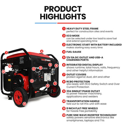 8.5kW Inverter Generator with Push-Button Start, 20L Tank, Mobile & Safe Use