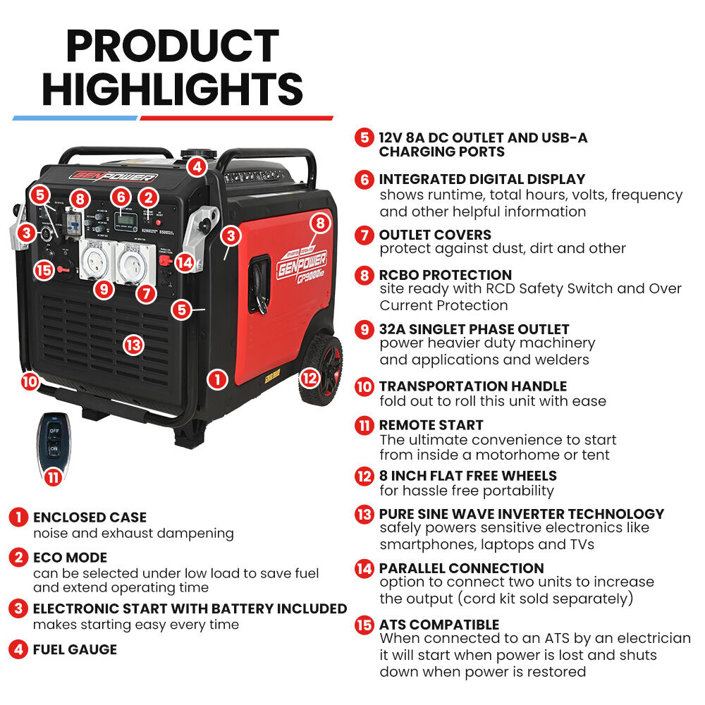 8.5kW Inverter Generator, 27L Fuel, Portable, ATS Compatible, RCD Safety