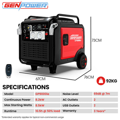 8.5kW Inverter Generator, 27L Fuel, Portable, ATS Compatible, RCD Safety