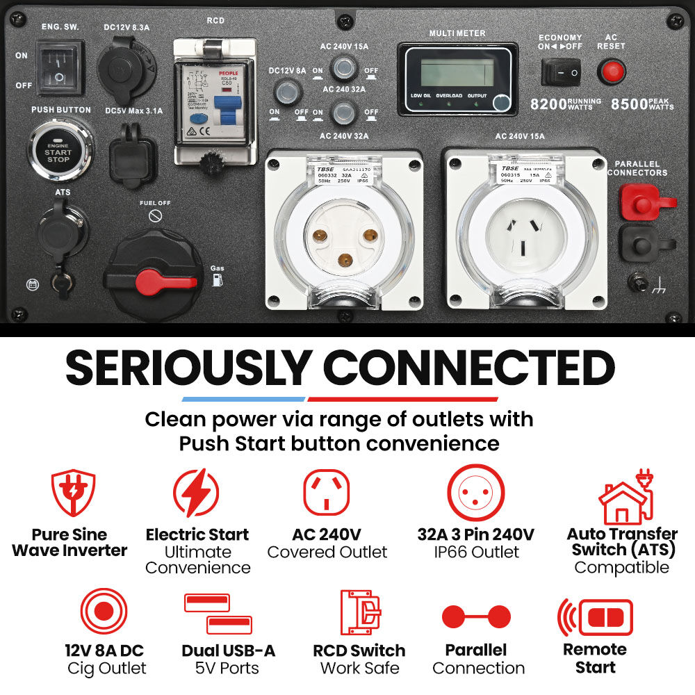8.5kW Inverter Generator, 27L Fuel, Portable, ATS Compatible, RCD Safety