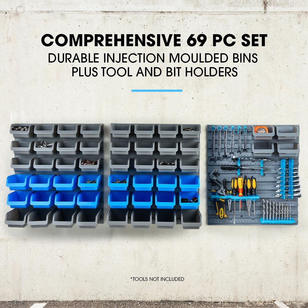 69pc Wall Mounted Storage Rack with Tool Holders - Blue, 1.8m Pegboards