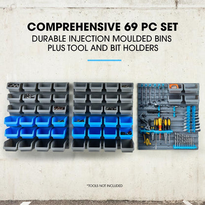 69pc Wall Mounted Storage Rack with Tool Holders - Blue, 1.8m Pegboards