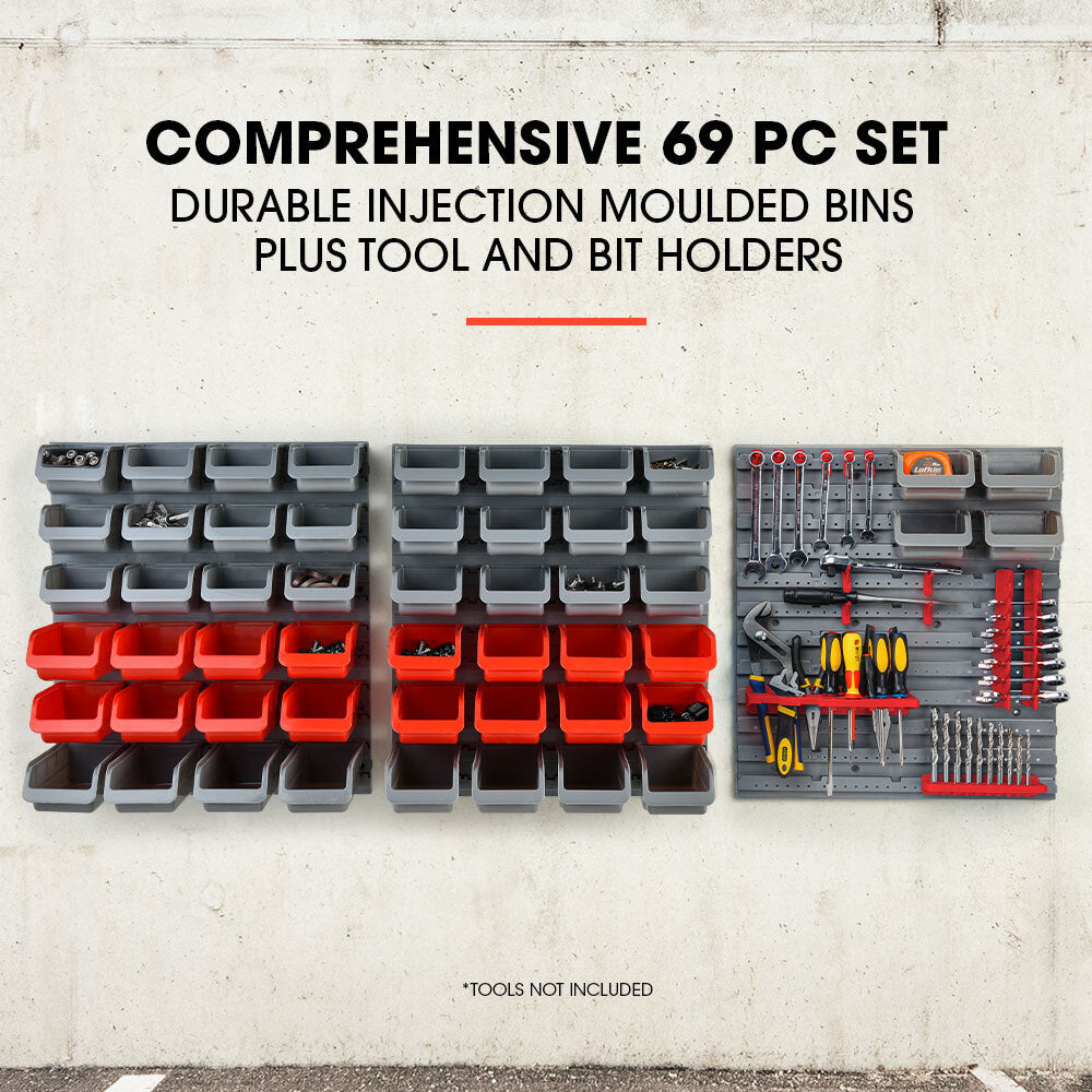 69-Piece Wall Mounted Storage Rack with Tool Holders - Red, 1.7m Boards