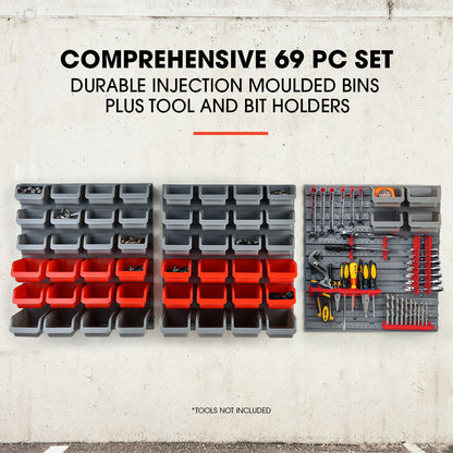 69-Piece Wall Mounted Storage Rack with Tool Holders - Red, 1.7m Boards