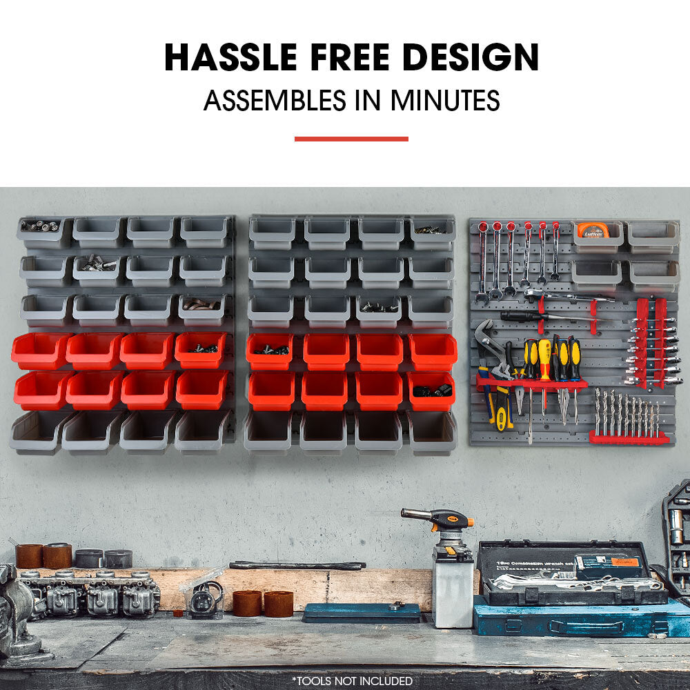 69-Piece Wall Mounted Storage Rack with Tool Holders - Red, 1.7m Boards