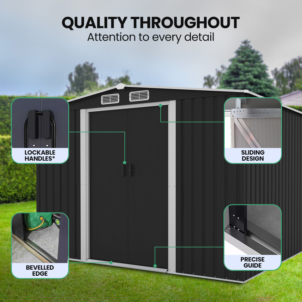 Galvanised Steel Garden Shed 2.58 x 3.14 x 2.02m with Sliding Doors & Vents