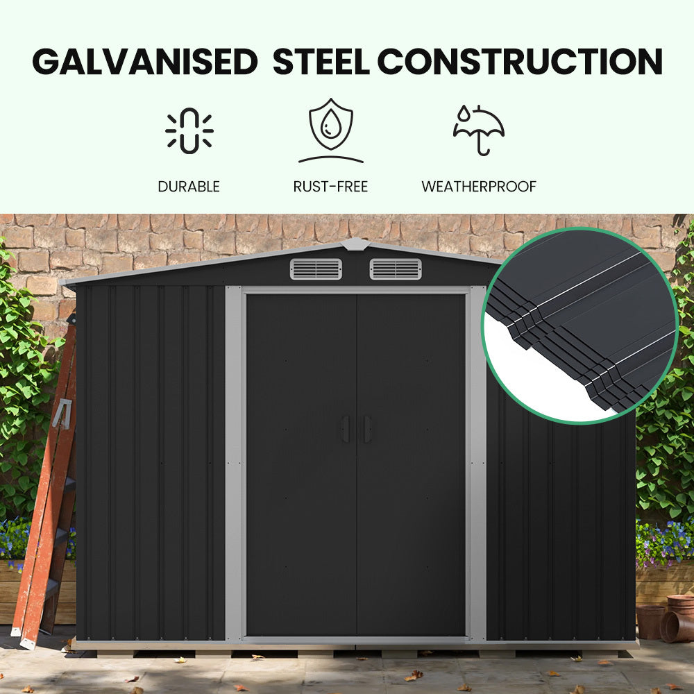 Galvanised Steel Garden Shed 2.58 x 3.14 x 2.02m with Sliding Doors & Vents