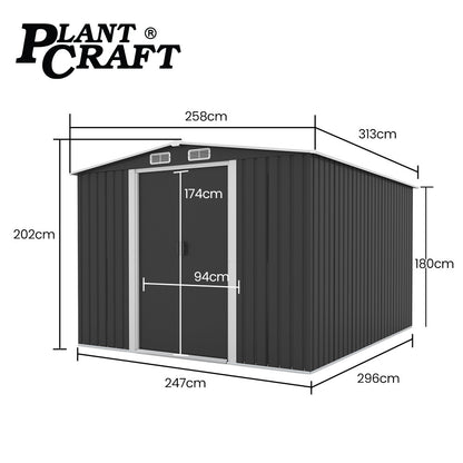 Galvanised Steel Garden Shed 2.58 x 3.14 x 2.02m with Sliding Doors & Vents