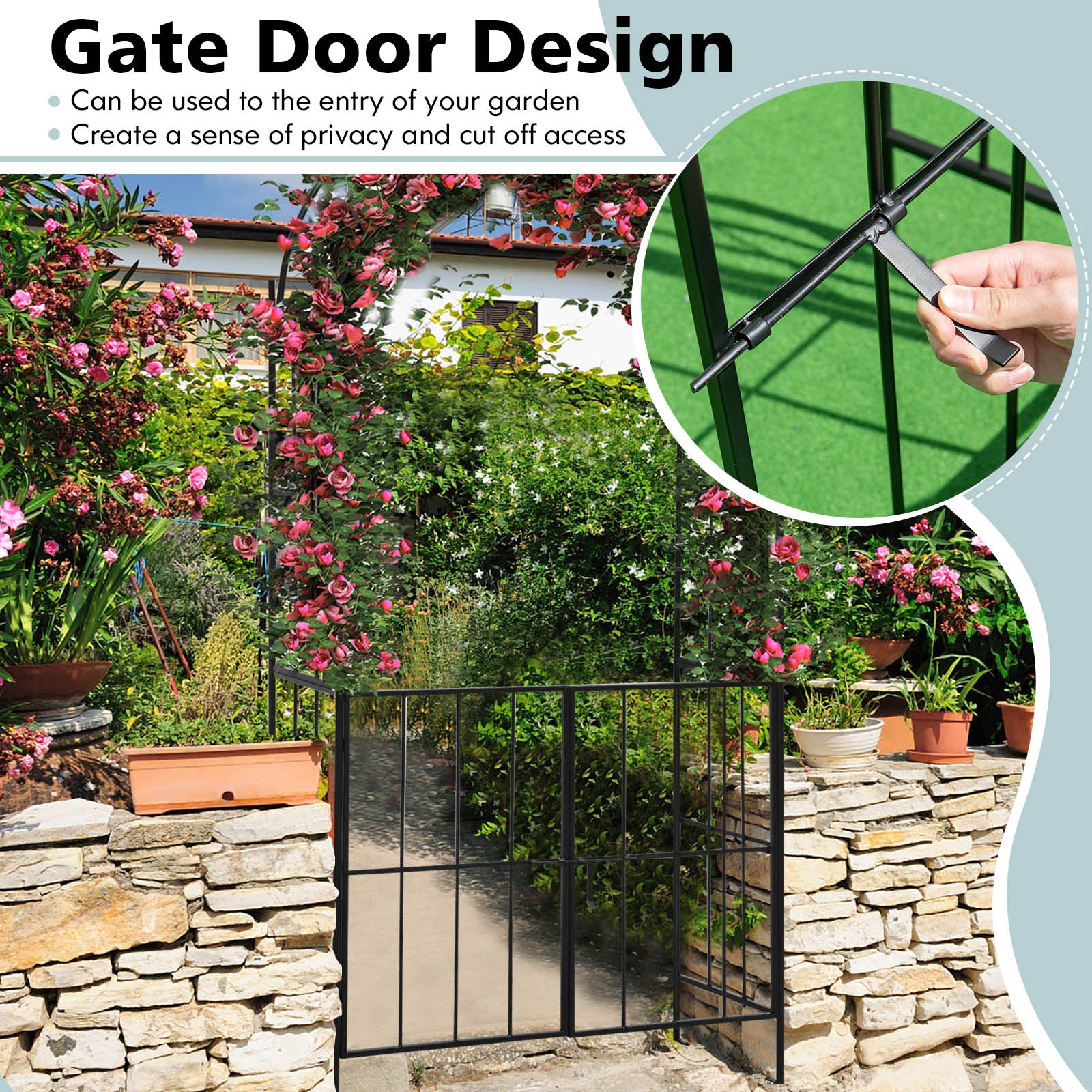 Garden Arch Arbor Trellis with Gate Tall Heavy-Duty Metal Arbour Archway-Black