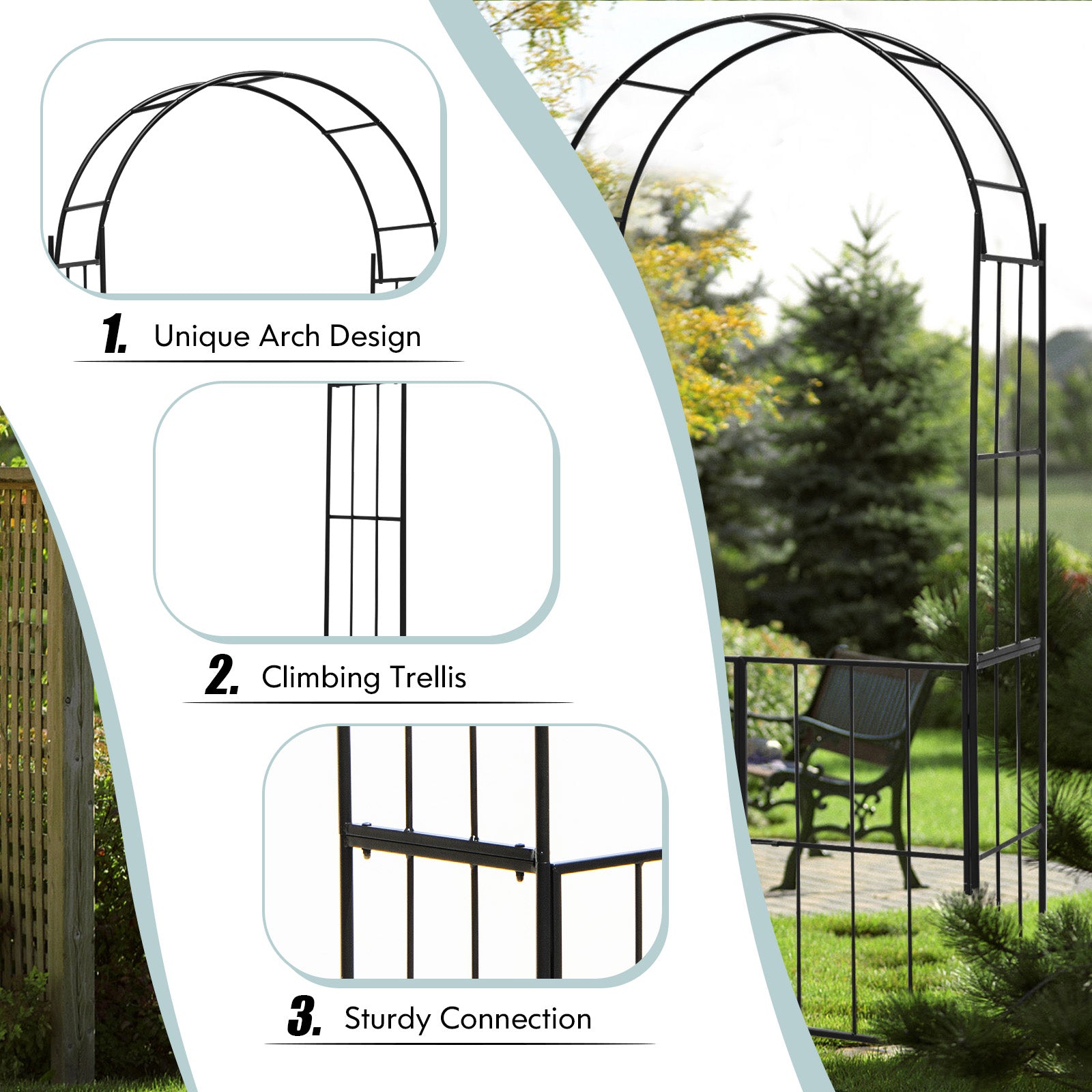 Garden Arch Arbor Trellis with Gate Tall Heavy-Duty Metal Arbour Archway-Black