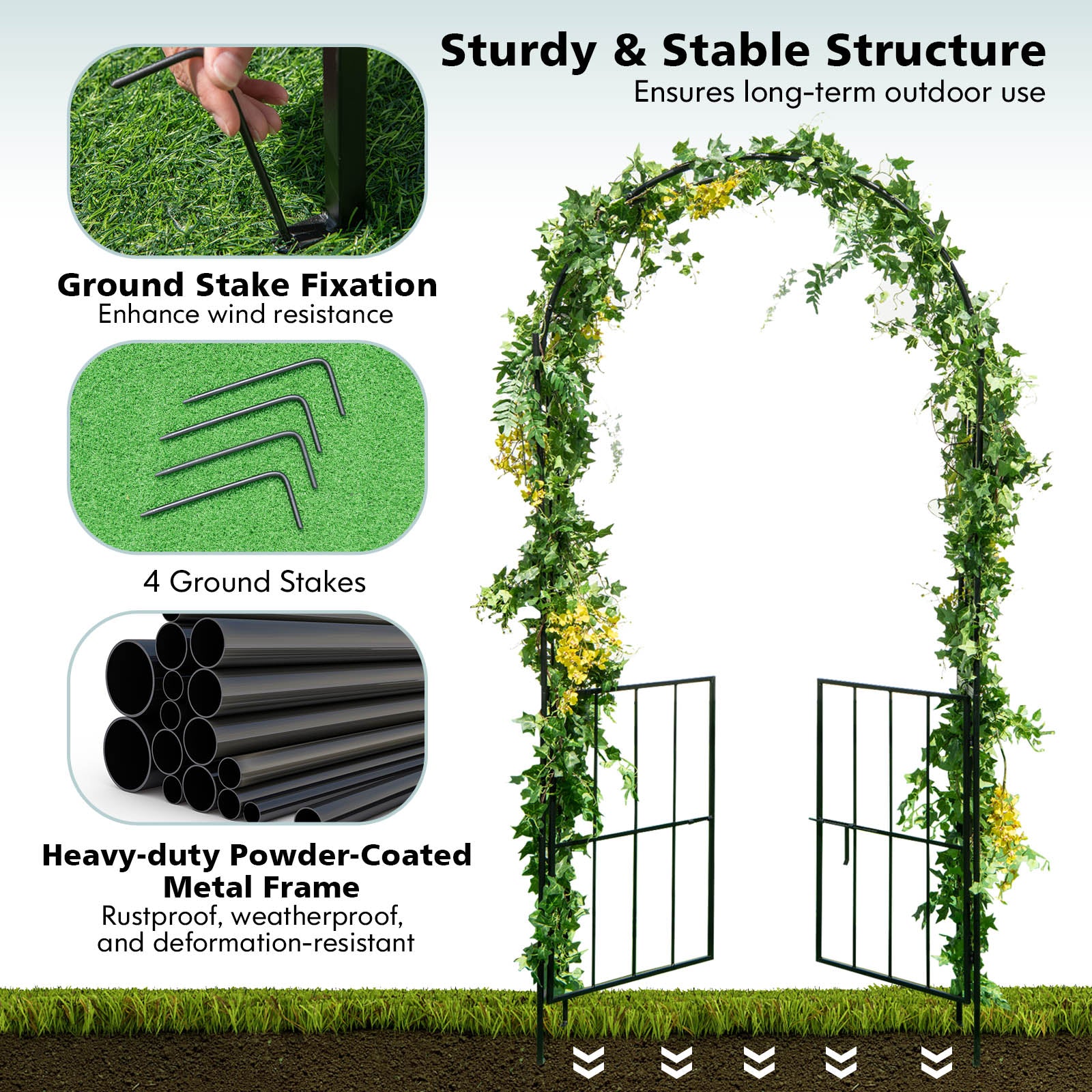 Garden Arch Arbor Trellis with Gate Tall Heavy-Duty Metal Arbour Archway-Black