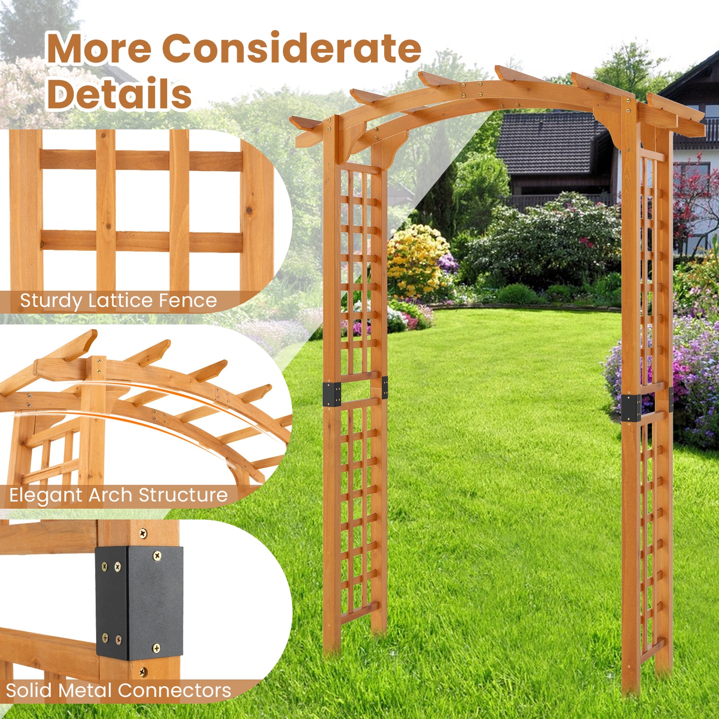 229 cm Garden Arch Wooden Arbor Outdoor Wood Trellis for Climbing Plants-Orange