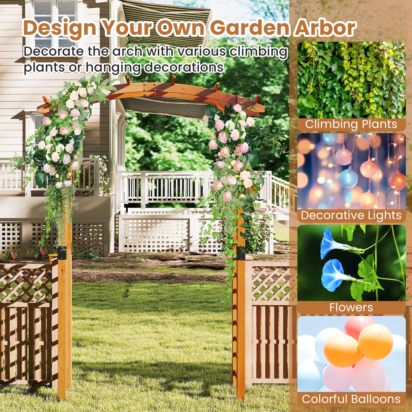 229 cm Garden Arch Wooden Arbor Outdoor Wood Trellis for Climbing Plants-Orange