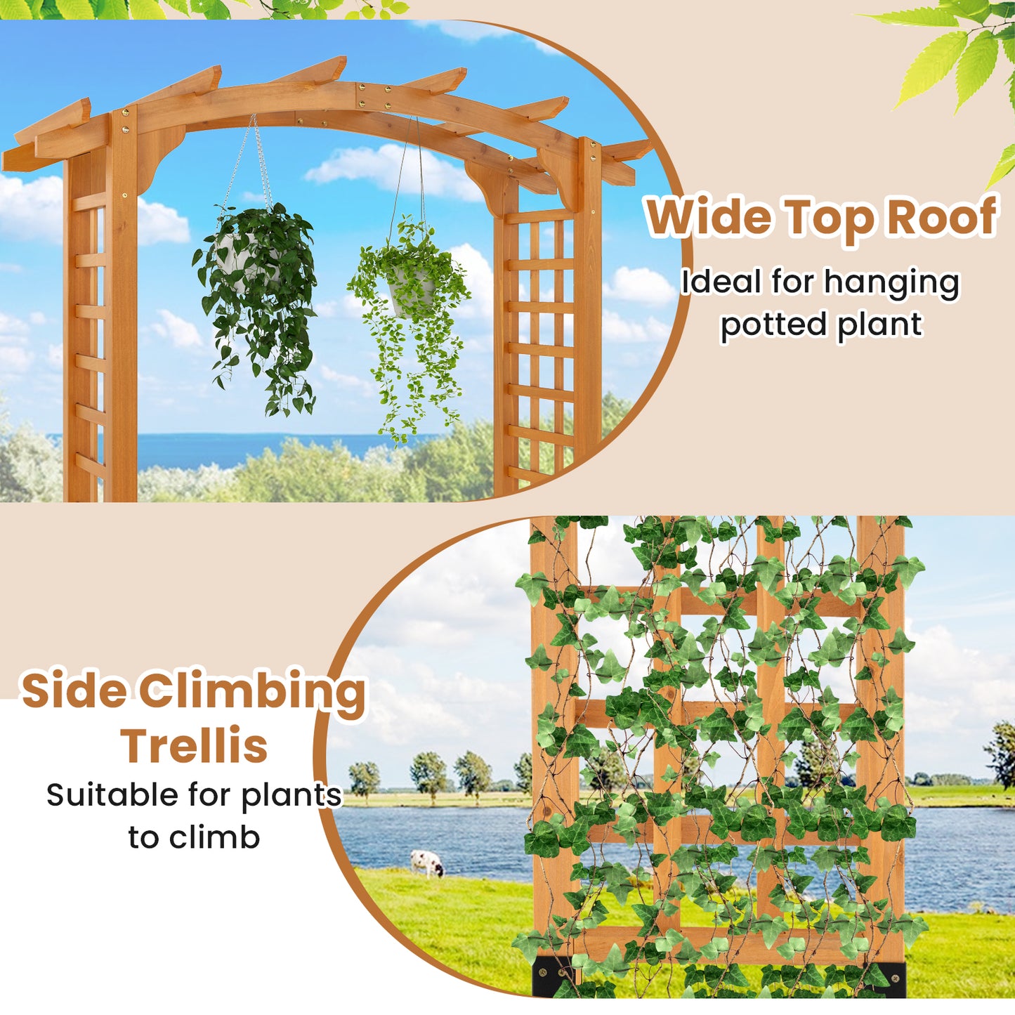 229 cm Garden Arch Wooden Arbor Outdoor Wood Trellis for Climbing Plants-Orange