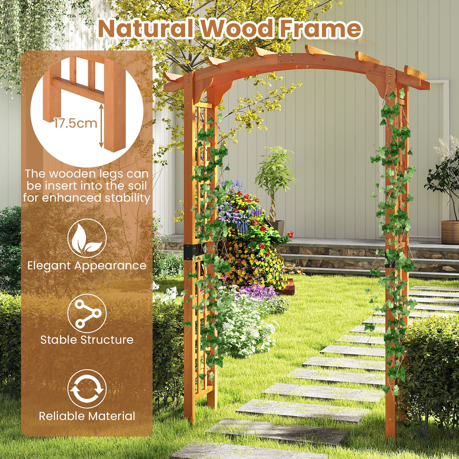229 cm Garden Arch Wooden Arbor Outdoor Wood Trellis for Climbing Plants-Orange