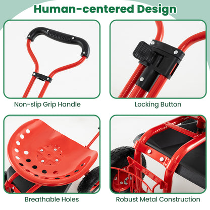 Steerable Garden Cart with Extendable Handle Storage Basket Adjustable Seat-Red