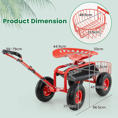 Steerable Garden Cart with Extendable Handle Storage Basket Adjustable Seat-Red