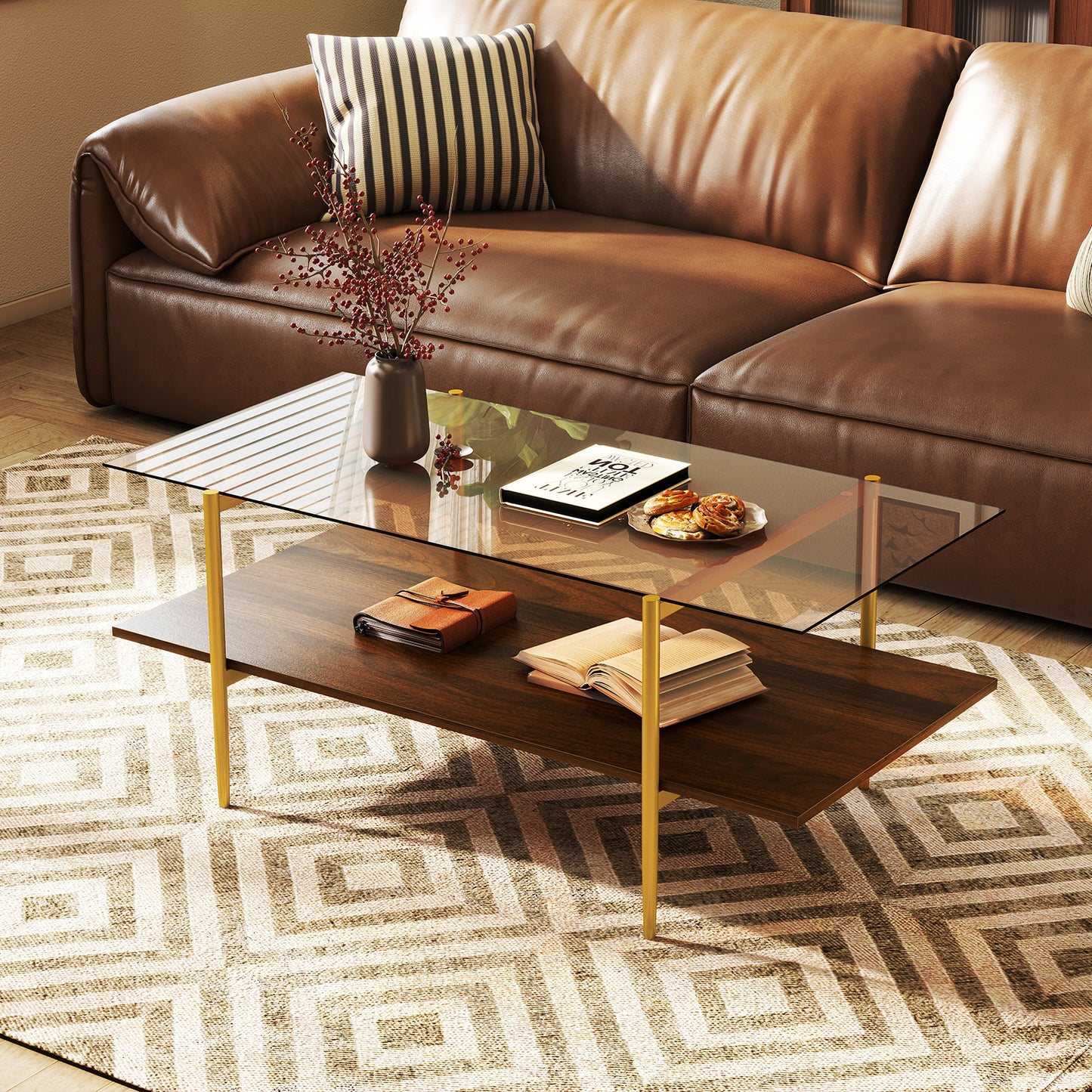 2-Tier Glass Coffee Table Rectangle Center Table with Tampered Glass Tabletop-Brown
